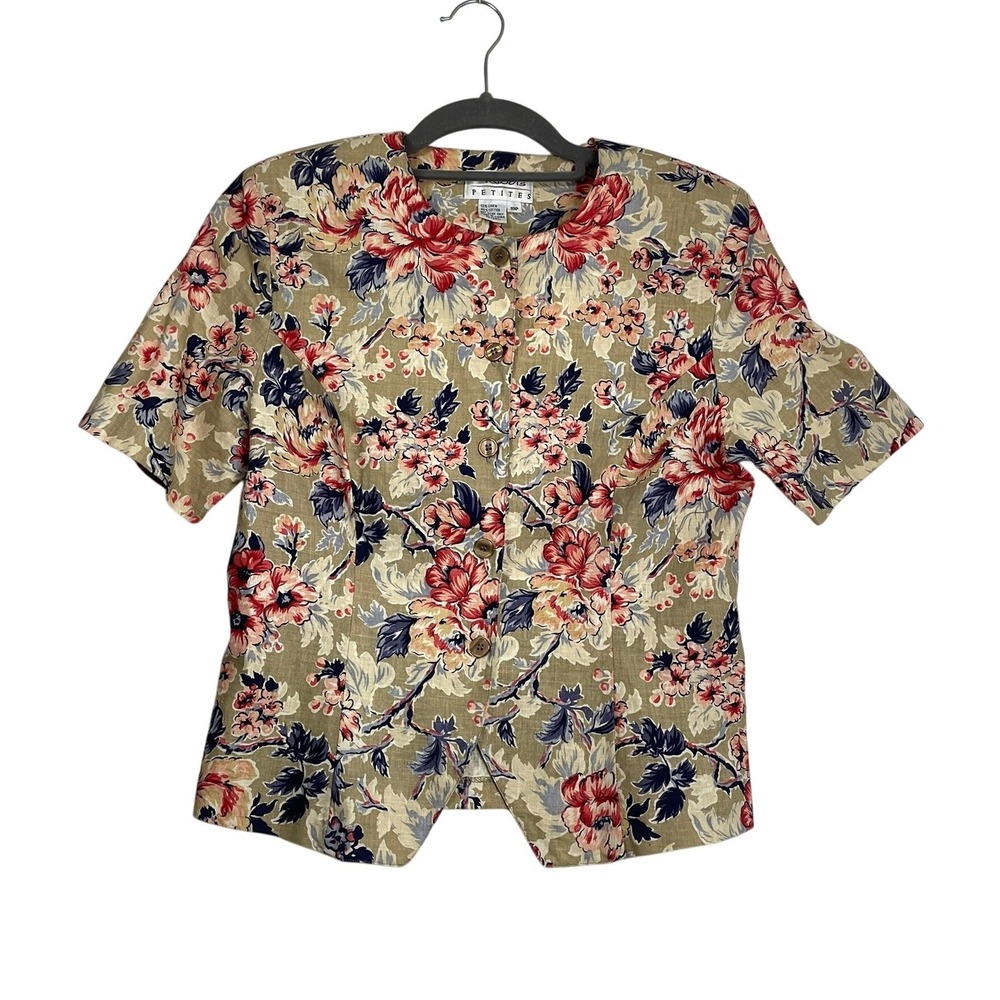Talbots Petites 10P Y2K Vintage Floral Linen‎ Cotton Button Front Blouse